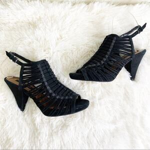 ZARA Suede Peep Toe Caged Heels Black Size 6M